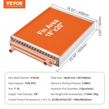 VEVOR Heat Exchanger Water to Air, 18"x 20" with 3-Row 3/8" Copper Ports, 242 Aluminum Fins Heat Exchanger for Outdoor Wood Furnaces, Residential Heating and Cooling, and Forced Air Heating