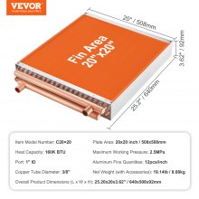 VEVOR Heat Exchanger Water to Air, 20"x 20" with 3-Row 3/8" Copper Ports, 242 Aluminum Fins Heat Exchanger for Outdoor Wood Furnaces, Residential Heating and Cooling, and Forced Air Heating