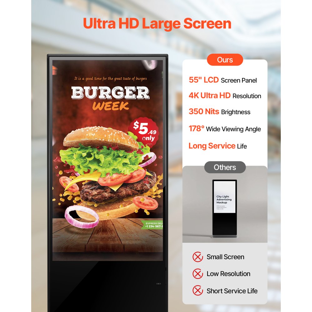 VEVOR 55 Inch Digital Signage Display, Touchscreen Digital Kiosk, Indoor Floor Standing Kiosk Display, 4K UHD LCD Screen, 2GB RAM & 32GB ROM, with WiFi HDMI/USB Input, Commercial Advertising Display