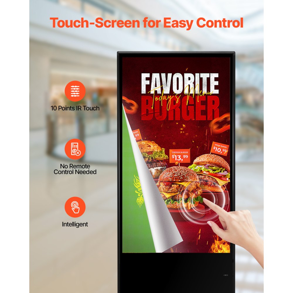VEVOR 55 Inch Digital Signage Display, Touchscreen Digital Kiosk, Indoor Floor Standing Kiosk Display, 4K UHD LCD Screen, 2GB RAM & 32GB ROM, with WiFi HDMI/USB Input, Commercial Advertising Display