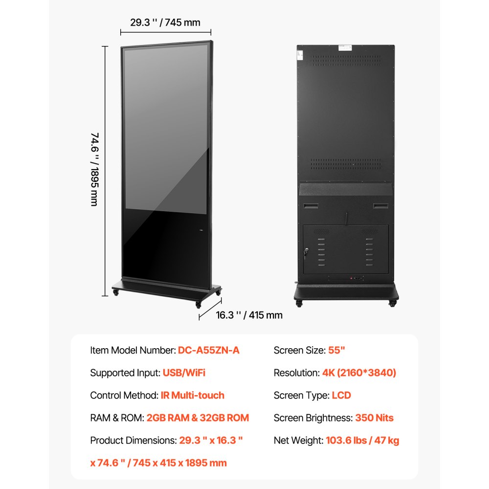 VEVOR 55 Inch Digital Signage Display, Touchscreen Digital Kiosk, Indoor Floor Standing Kiosk Display, 4K UHD LCD Screen, 2GB RAM & 32GB ROM, with WiFi HDMI/USB Input, Commercial Advertising Display