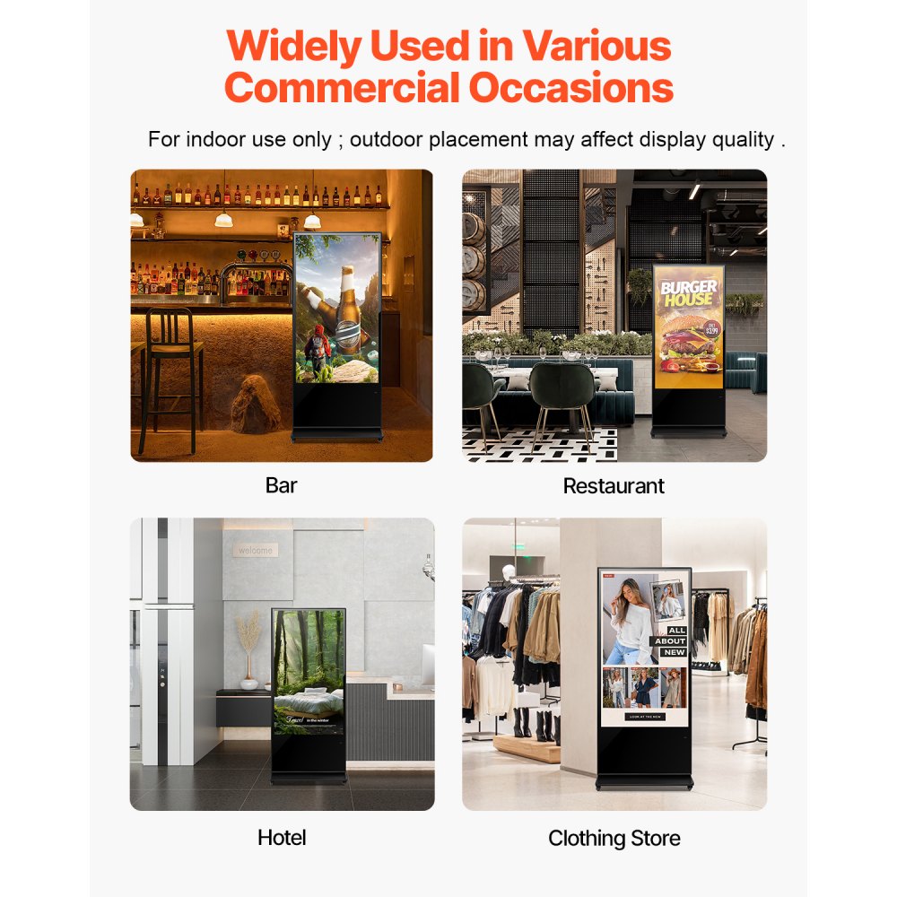 VEVOR 65 Inch Digital Signage Display, Touchscreen Digital Kiosk, Indoor Floor Standing Kiosk Display, 4K UHD LCD Screen, 2GB RAM & 32GB ROM, with WiFi HDMI/USB Input, Commercial Advertising Display