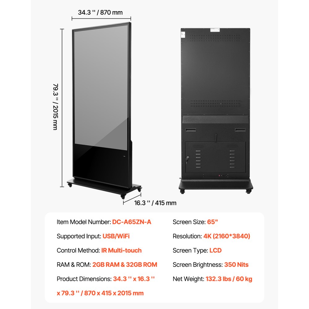 VEVOR 65 Inch Digital Signage Display, Touchscreen Digital Kiosk, Indoor Floor Standing Kiosk Display, 4K UHD LCD Screen, 2GB RAM & 32GB ROM, with WiFi HDMI/USB Input, Commercial Advertising Display