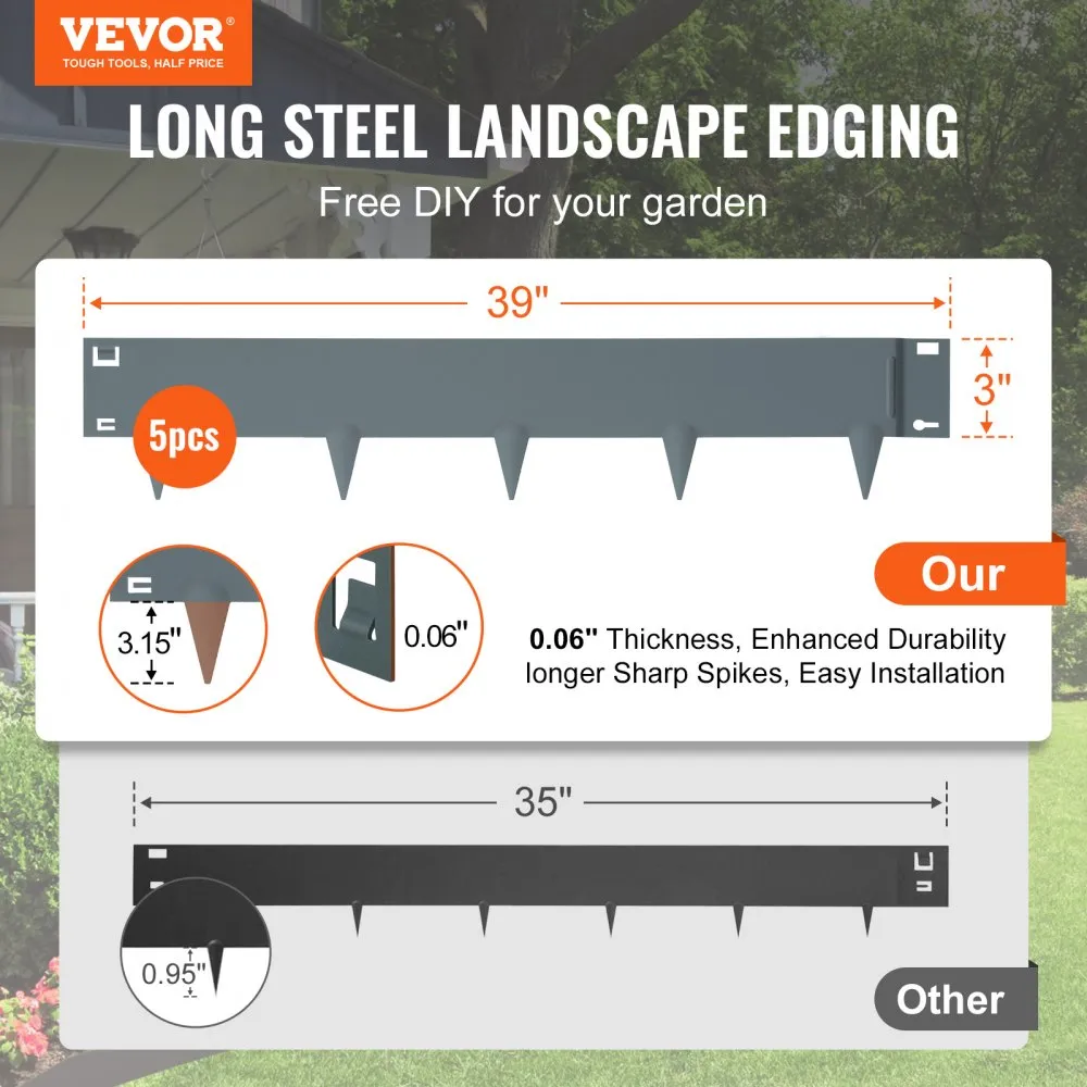 VEVOR steel landscape edging, 39&quot;x3&quot; with 5pcs, 0.06&quot; thickness, 3.15&quot; spikes, and easy installation.