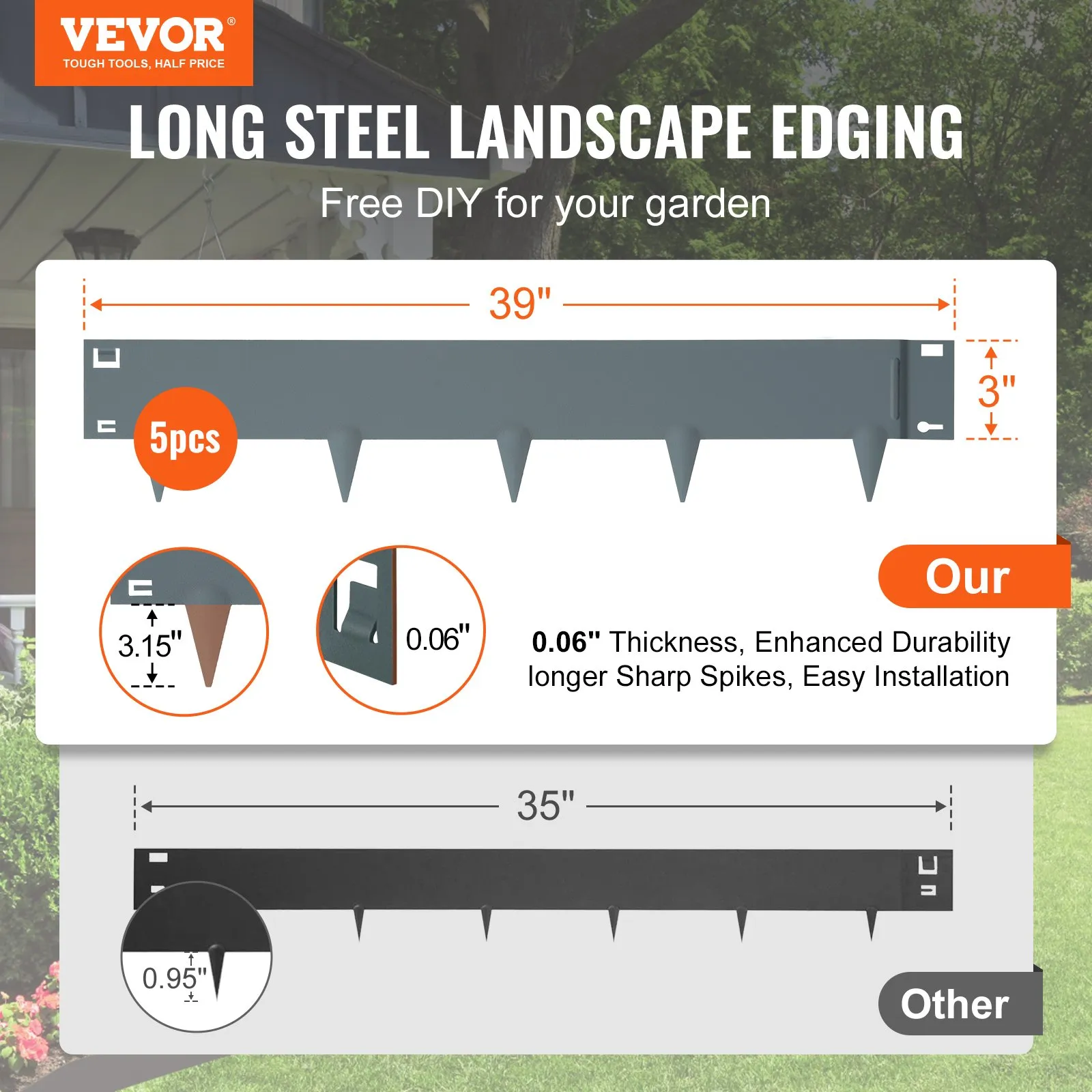 VEVOR steel landscape edging, 39&quot;x3&quot; with 5pcs, 0.06&quot; thickness, 3.15&quot; spikes, and easy installation.