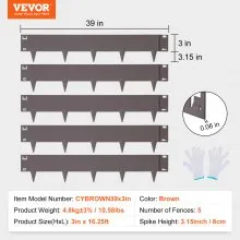 VEVOR Steel Landscape Edging, 5-pack Steel Garden Edging Borders, 39" L x 3" H Strips, Hammer-in Edging Border, Bendable Metal Landscape Edging for Yard, Garden, 3.15" Spike Height, Brown