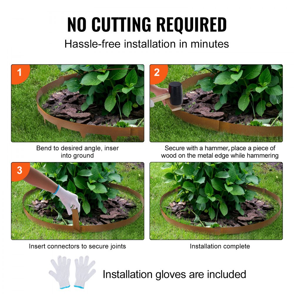 VEVOR Steel Landscape Edging, 10-pack Steel Garden Edging Borders, 39.6" L x 2" H Strips, Hammer-in Edging Border, Bendable Metal Landscape Edging for Yard, Garden, 2.5" Spike Height, Rustic Brown