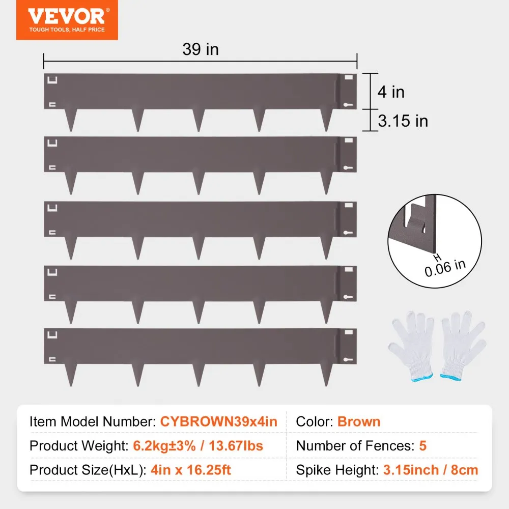 VEVOR steel landscape edging, 4in x 39in brown pieces, 5 fences, gloves included, 13.67lbs weight.