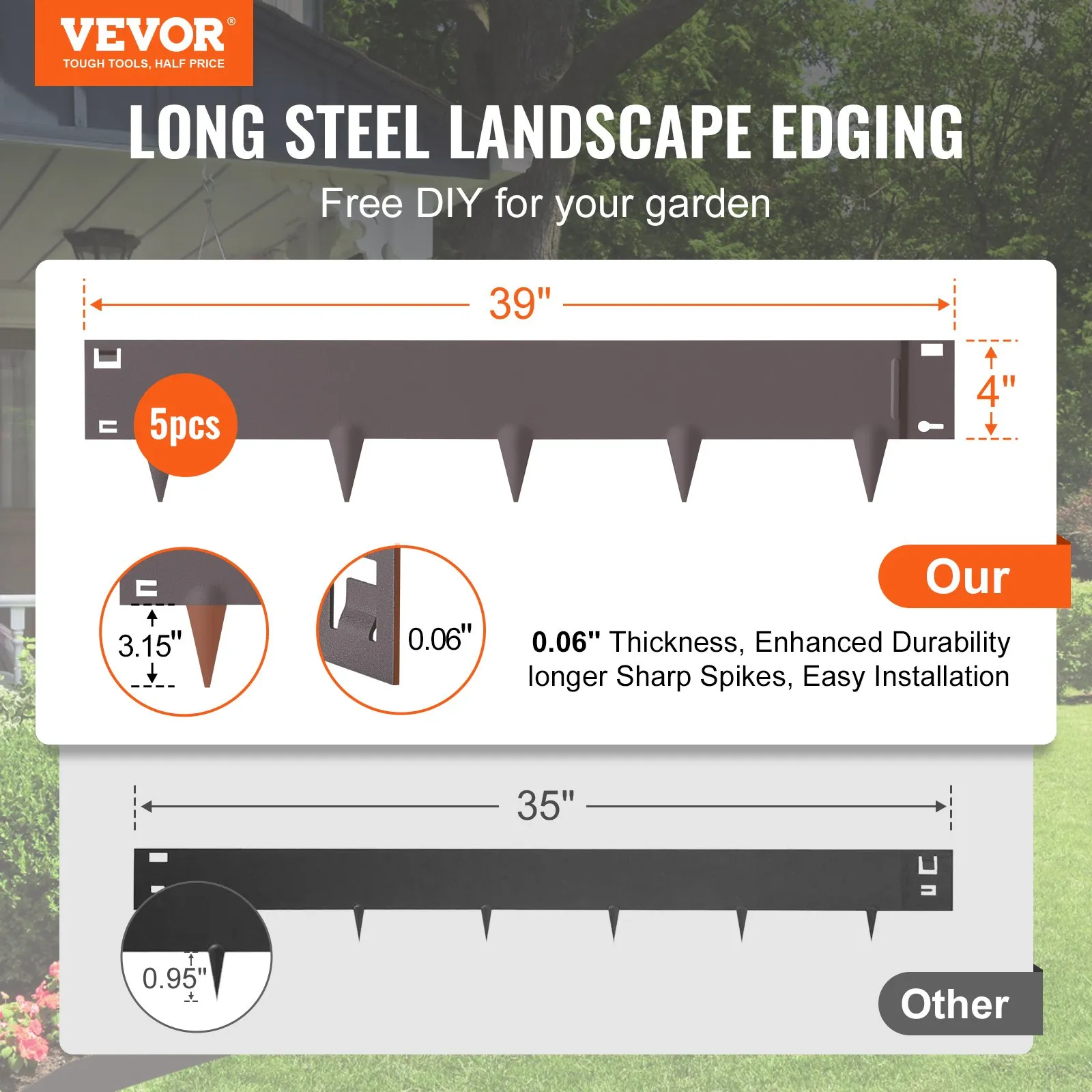 VEVOR steel landscape edging, 39&quot;x4&quot;, 0.06&quot; thickness, 5pcs, enhanced durability, easy installation.