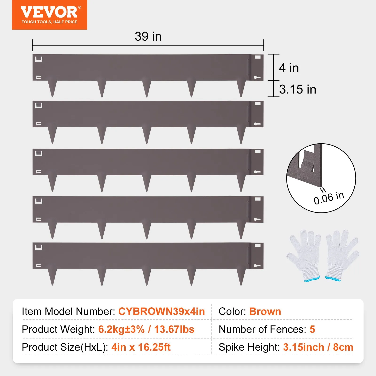 VEVOR steel landscape edging, 4in x 39in brown pieces, 5 fences, gloves included, 13.67lbs weight.