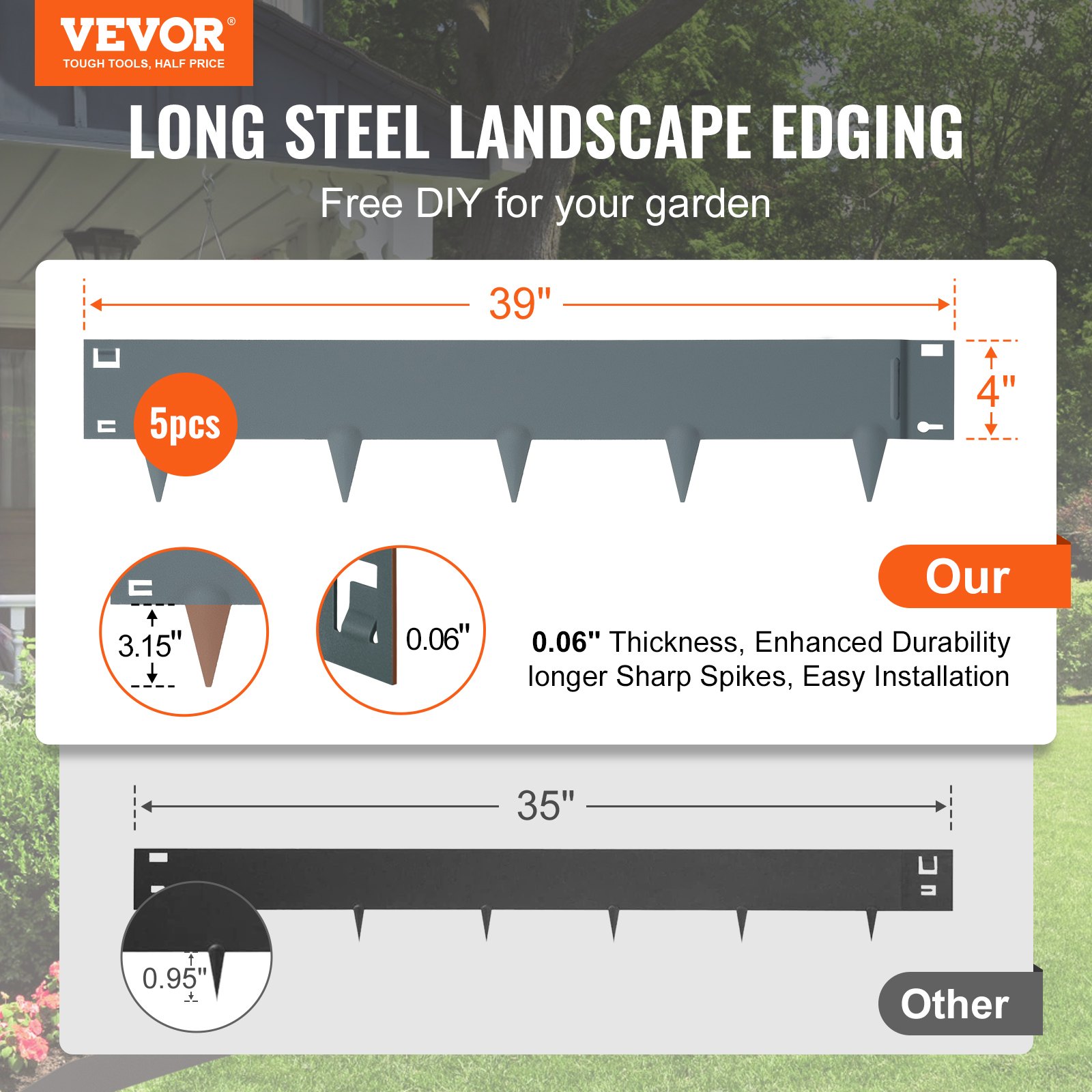 VEVOR steel landscape edging, 39&quot; length, 4&quot; height, 0.06&quot; thickness, 5 pcs pack, easy installation.
