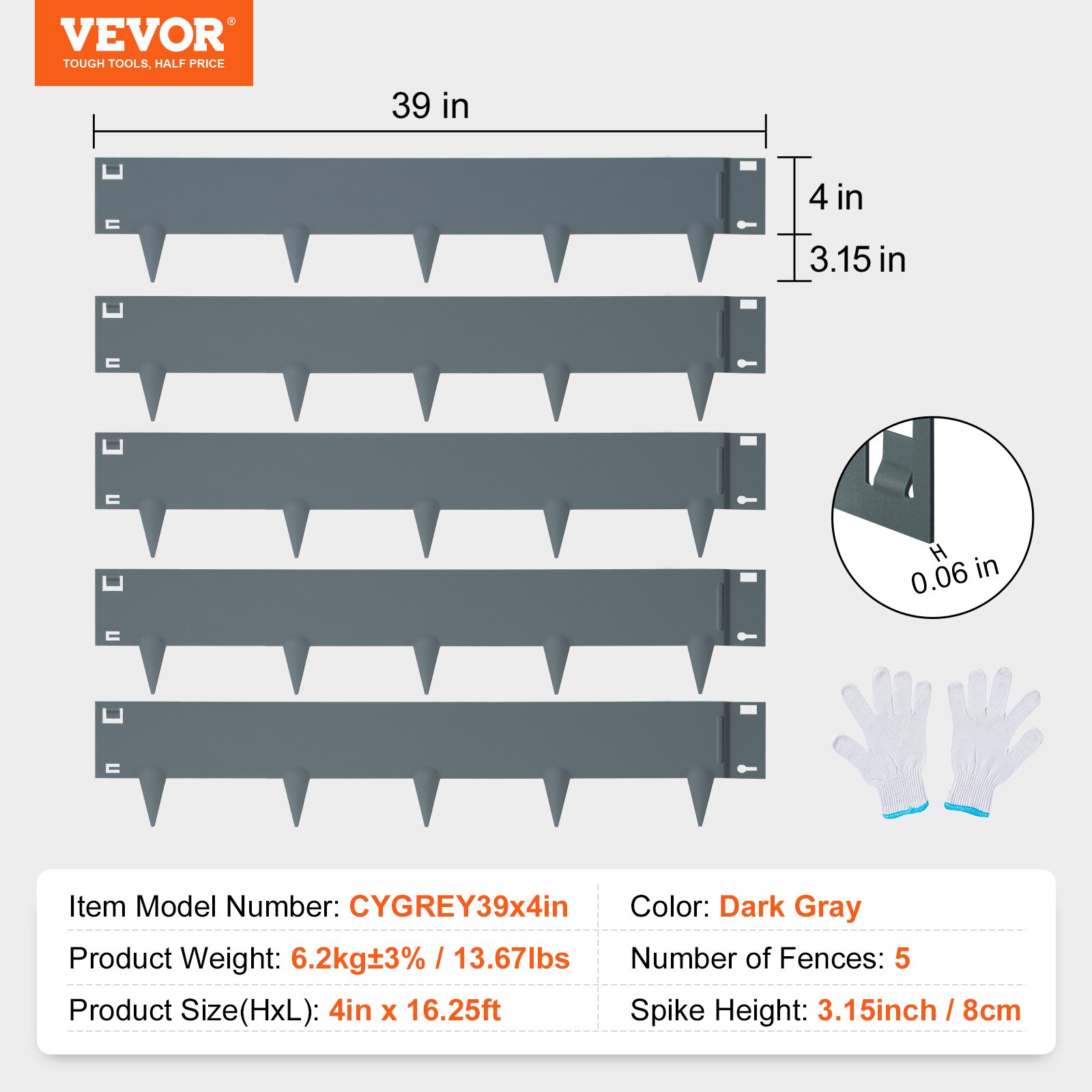 VEVOR steel landscape edging in dark gray, cygrey39x4in, 5 fences, 39in x 4in, 13.67lbs, 3.15in spikes.