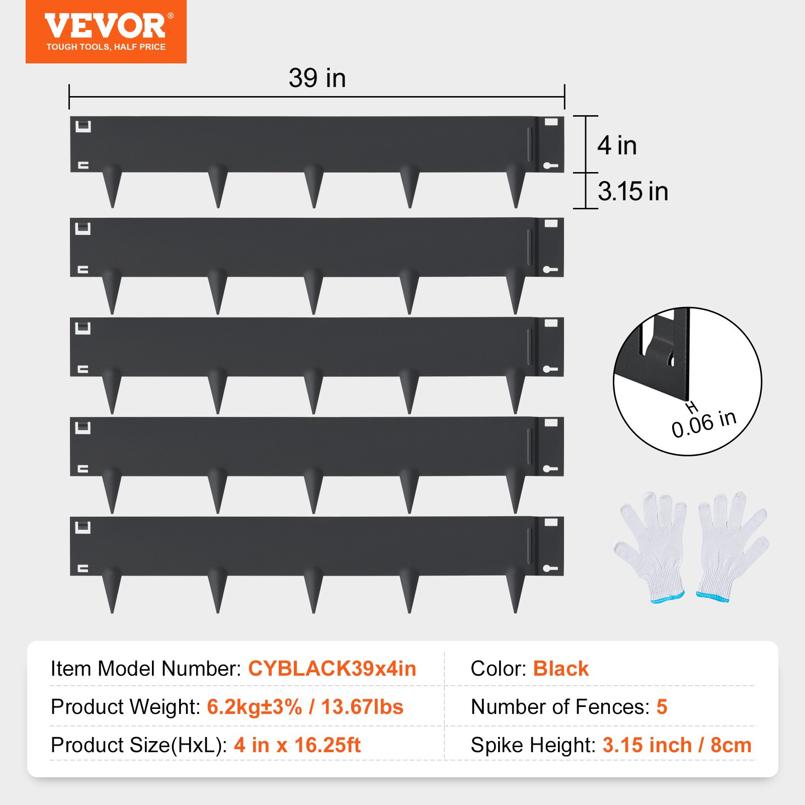 VEVOR Steel Landscape Edging, 5-pack Steel Garden Edging Borders, 39" L x 4" H Strips, Hammer-in Edging Border, Bendable Metal Landscape Edging for Yard, Garden, Lawn, 3.15" Spike Height, Black