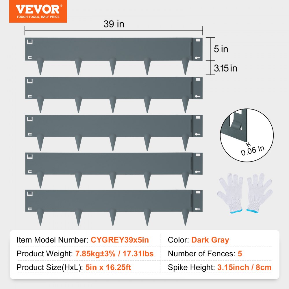 VEVOR steel landscape edging, dark gray, 39 in length, 5 segments, includes gloves, 3.15 in spike height.