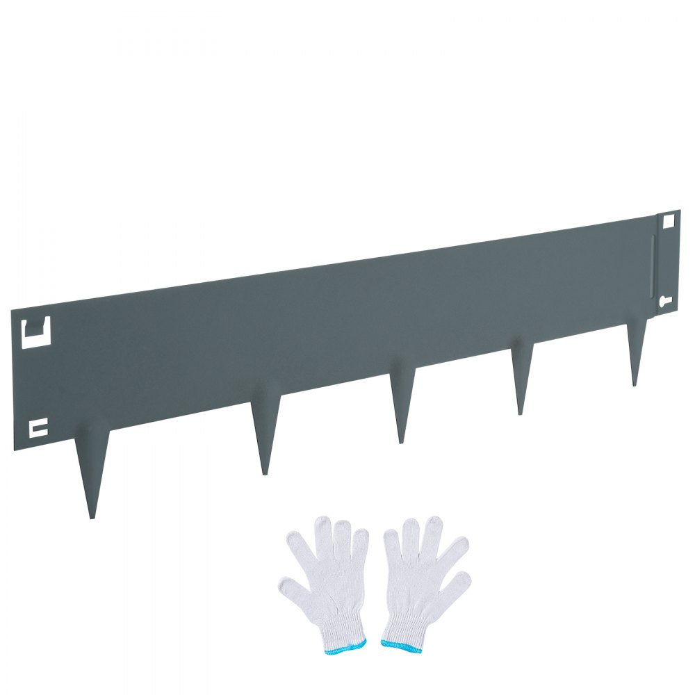 VEVOR steel landscape edging with gloves, featuring durable metal construction and ground stakes.