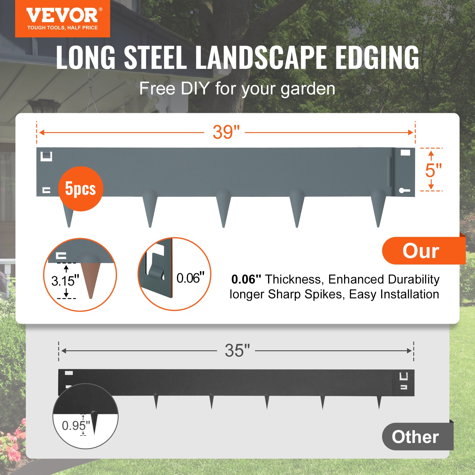 VEVOR steel landscape edging, 5 pcs, 39&quot; length, 0.06&quot; thickness, 3.15&quot; spikes, enhanced durability.
