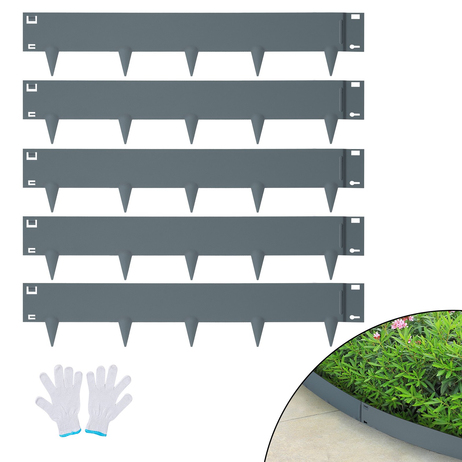 VEVOR steel landscape edging with gloves, featuring interlocking design and spikes for garden borders.