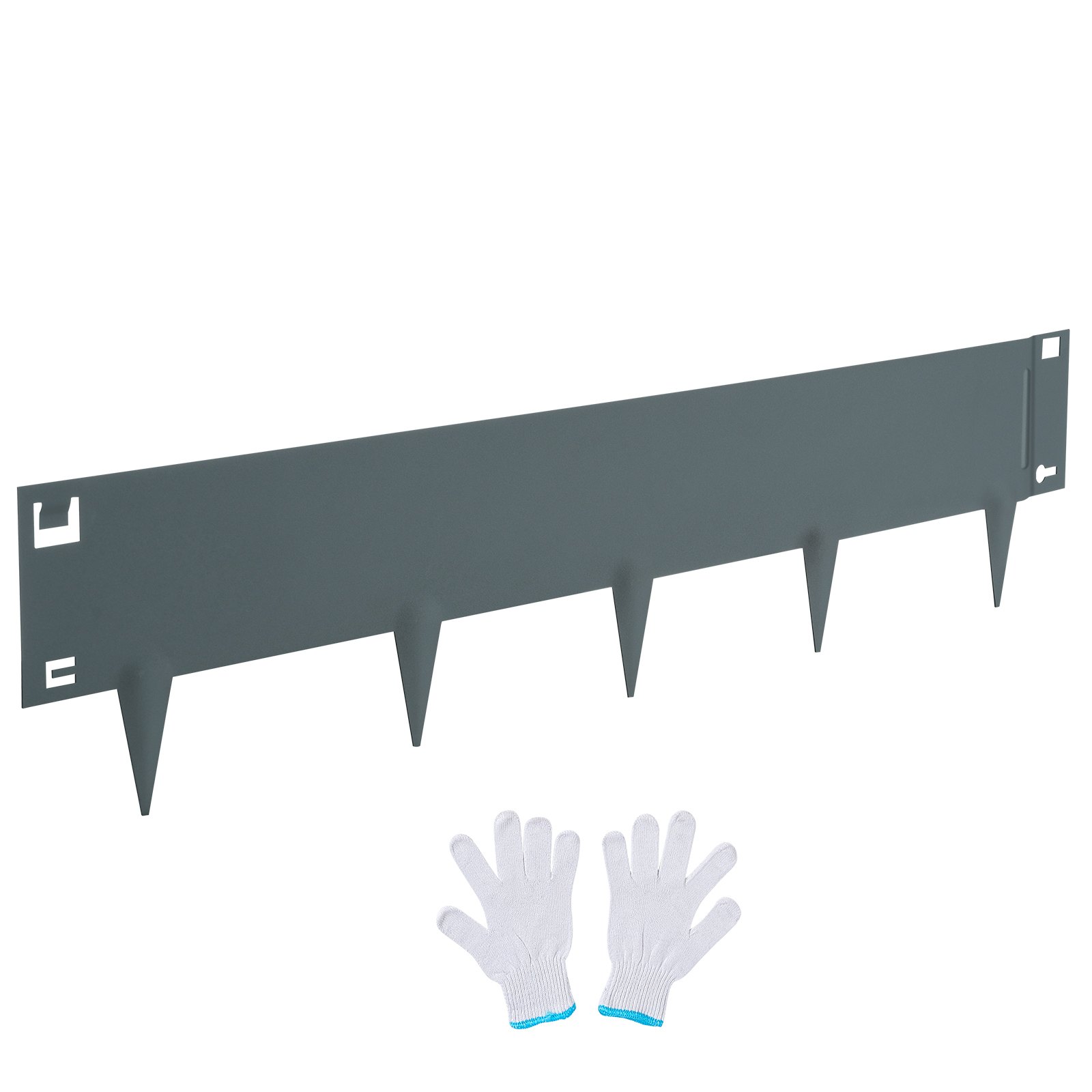 VEVOR steel landscape edging with gloves, featuring durable metal construction and ground stakes.