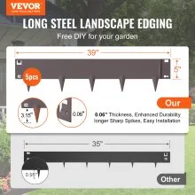 VEVOR Steel Landscape Edging, 5-pack Steel Garden Edging Borders, 39" L x 5" H Strips, Hammer-in Edging Border, Bendable Metal Landscape Edging for Yard, Garden, Lawn, 3.15" Spike Height, Brown