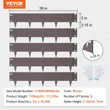 VEVOR Steel Landscape Edging, 5-pack Steel Garden Edging Borders, 39" L x 5" H Strips, Hammer-in Edging Border, Bendable Metal Landscape Edging for Yard, Garden, Lawn, 3.15" Spike Height, Brown