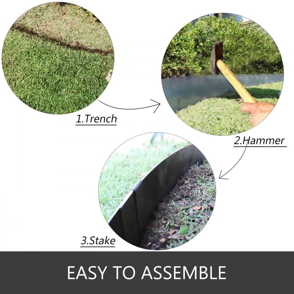 VEVOR steel landscape edging setup: trench digging, hammering, and staking process. easy to assemble.