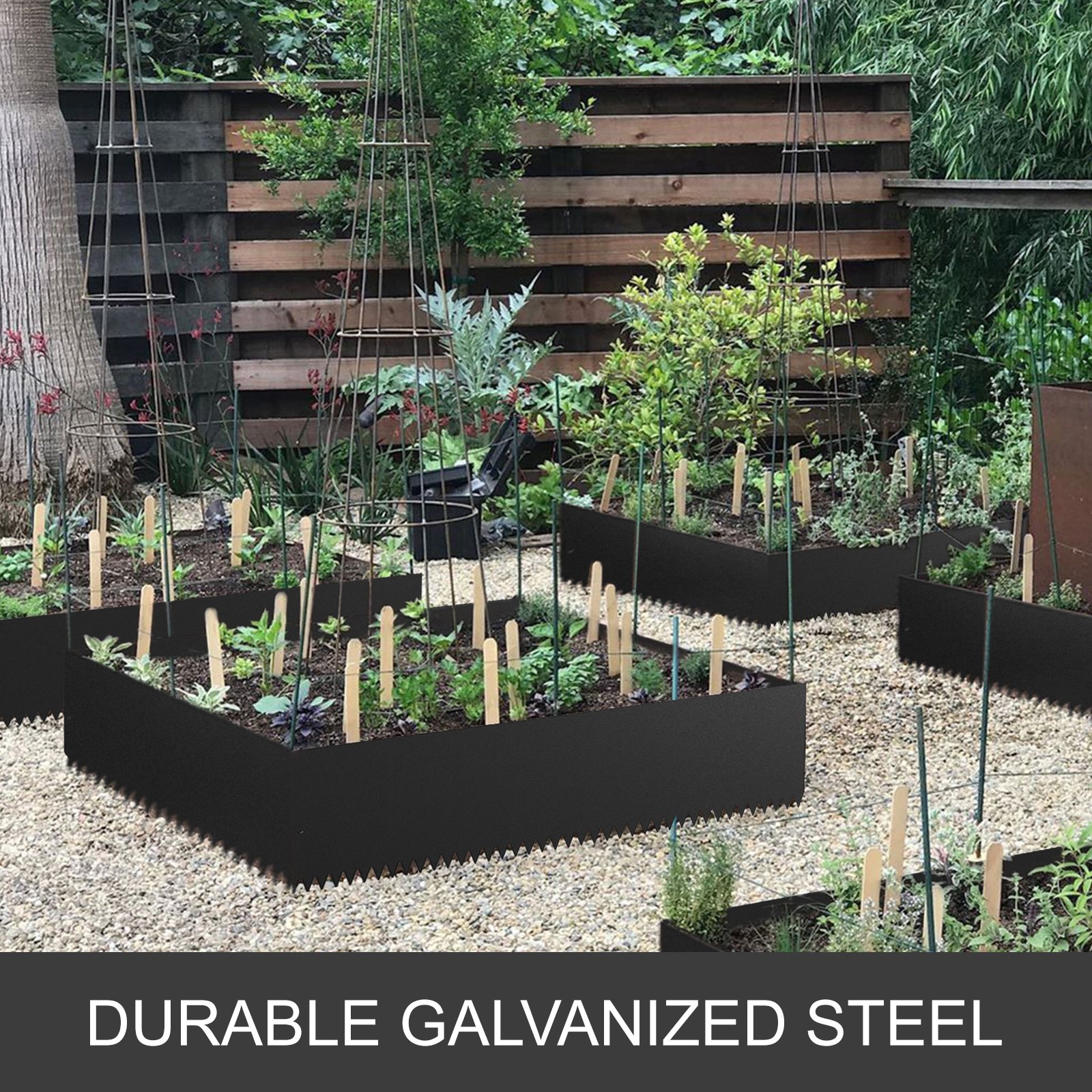 raised garden beds with plants and VEVOR steel landscape edging in a green backyard.
