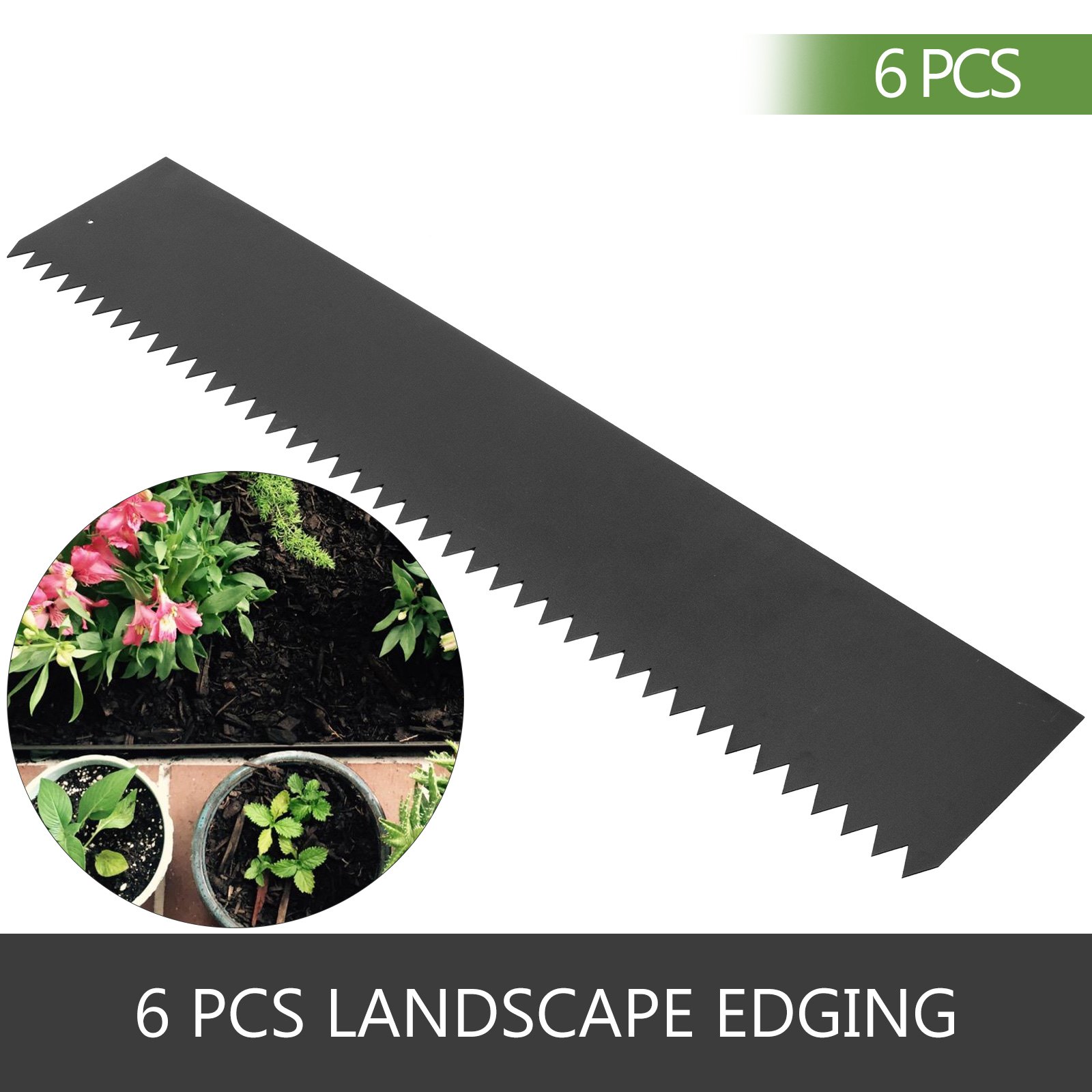VEVOR steel landscape edging, 6 pcs, with saw-tooth design and garden plants.