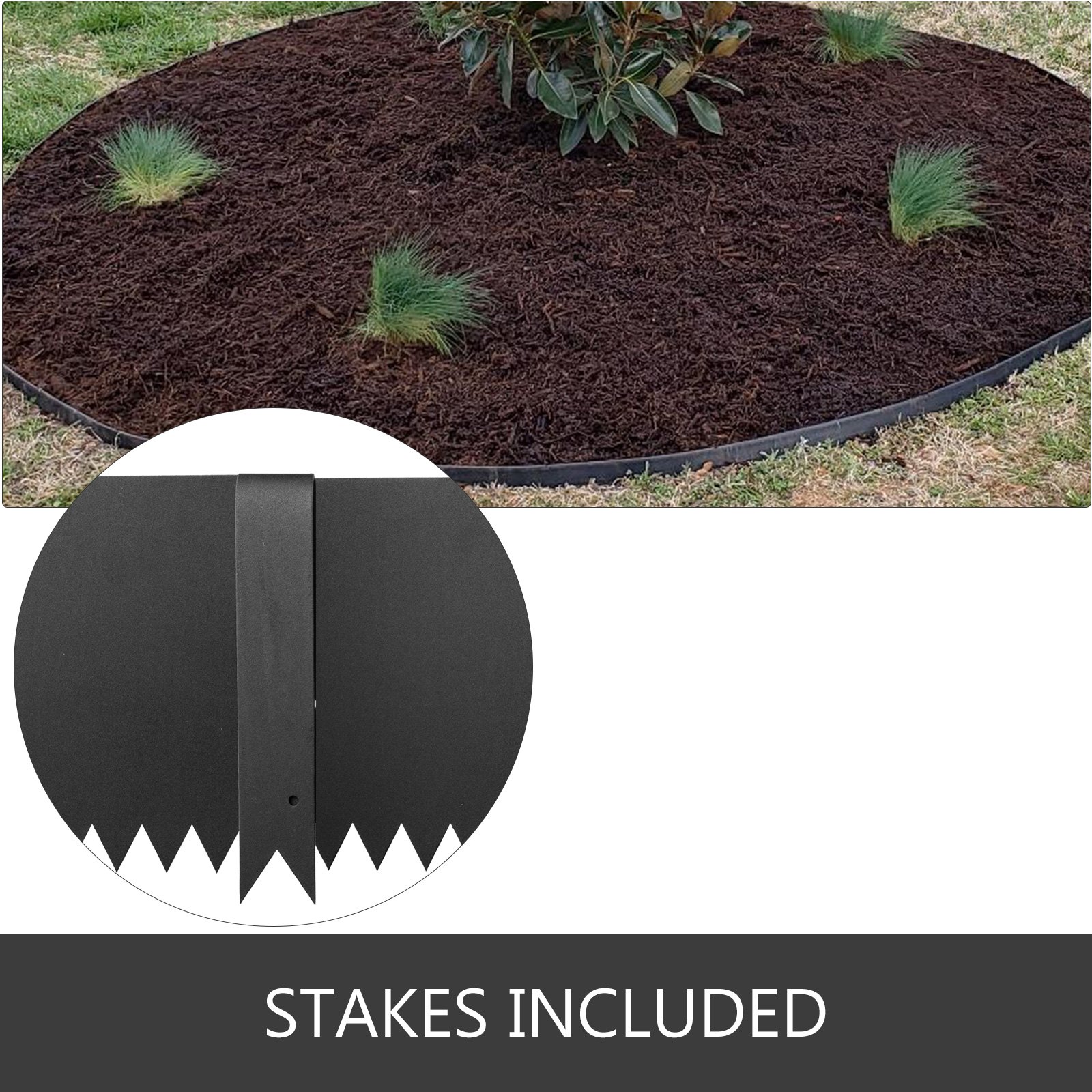 VEVOR steel landscape edging surrounding mulch bed with close-up of included stakes.