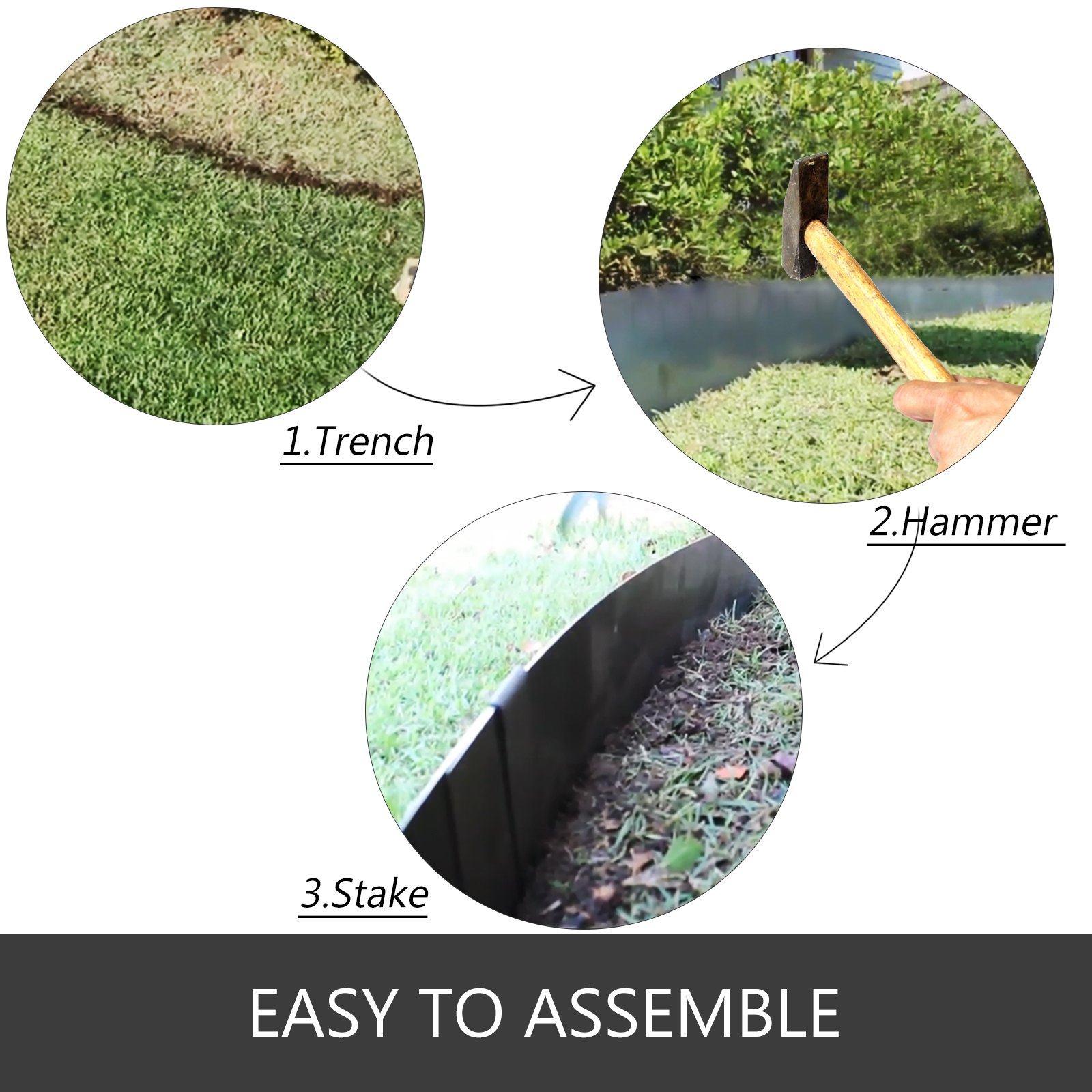 VEVOR steel landscape edging setup: trench digging, hammering, and staking process. easy to assemble.