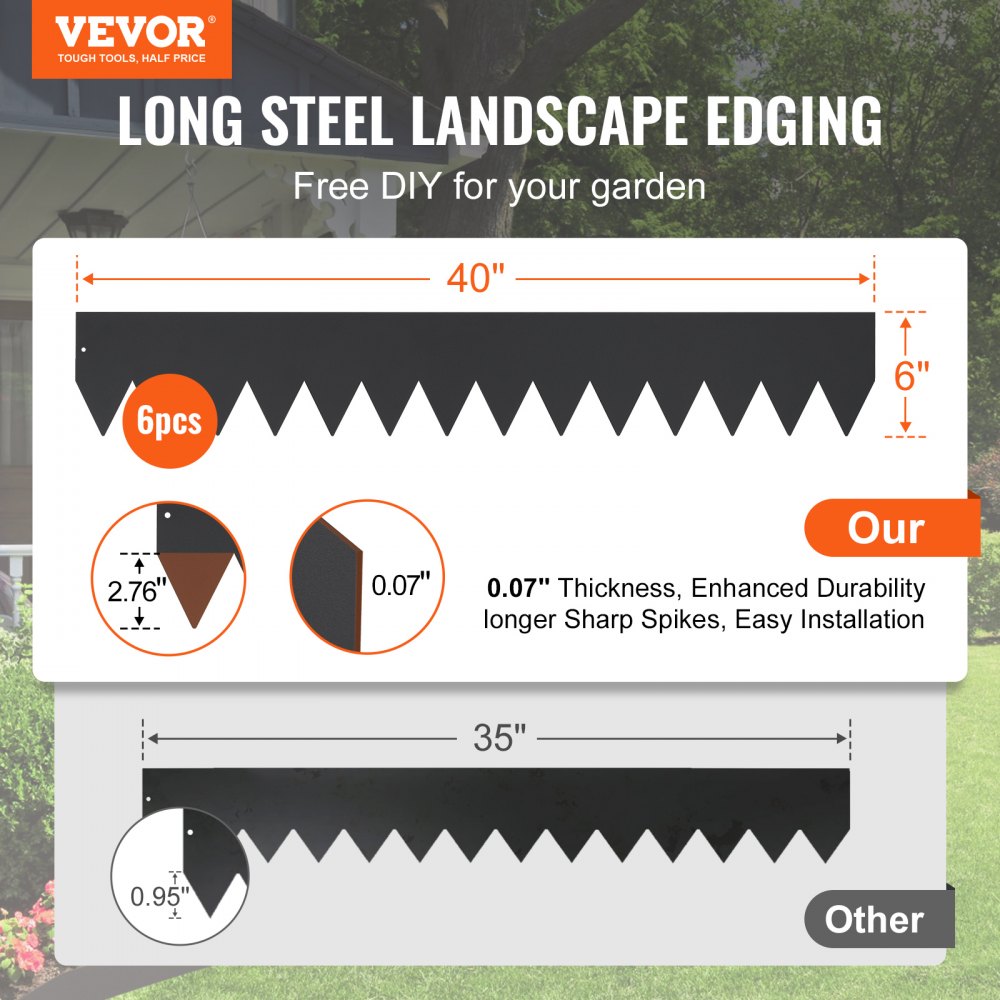 VEVOR Steel Landscape Edging, 6-pack Steel Garden Edging Borders, 101.6 x 15.2 cm Strips, Hammer-in Edging Border with 8 Clips, Bendable Metal Landscape Edging for Yard, Garden, Lawn