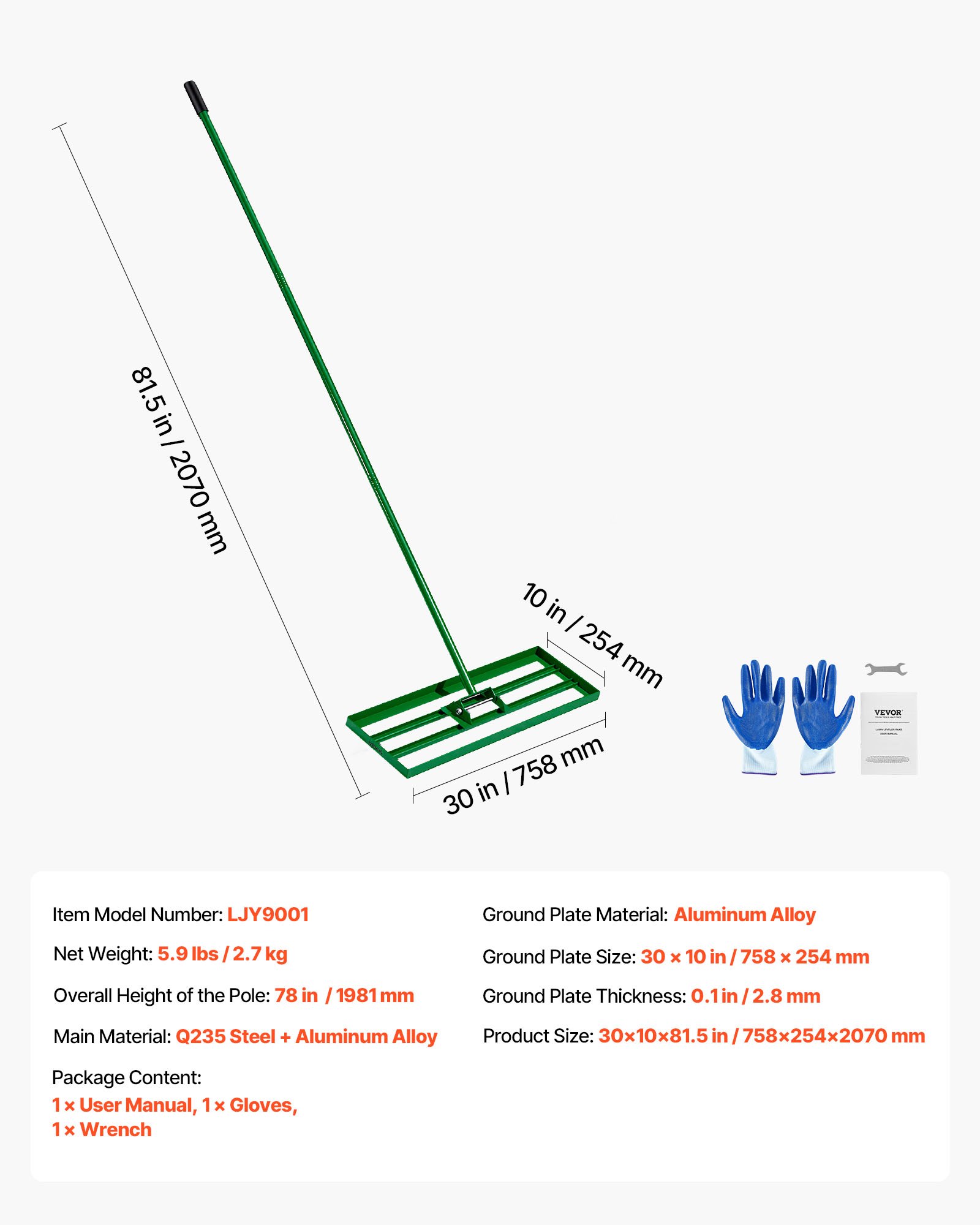 VEVOR Lawn Leveling Rake, 30"x10" Level Lawn Tool, Heavy-duty Lawn Leveler with 78" Steel Extended Handle, Yard Leveling Rake Suit for Garden, Golf Lawn, Farm