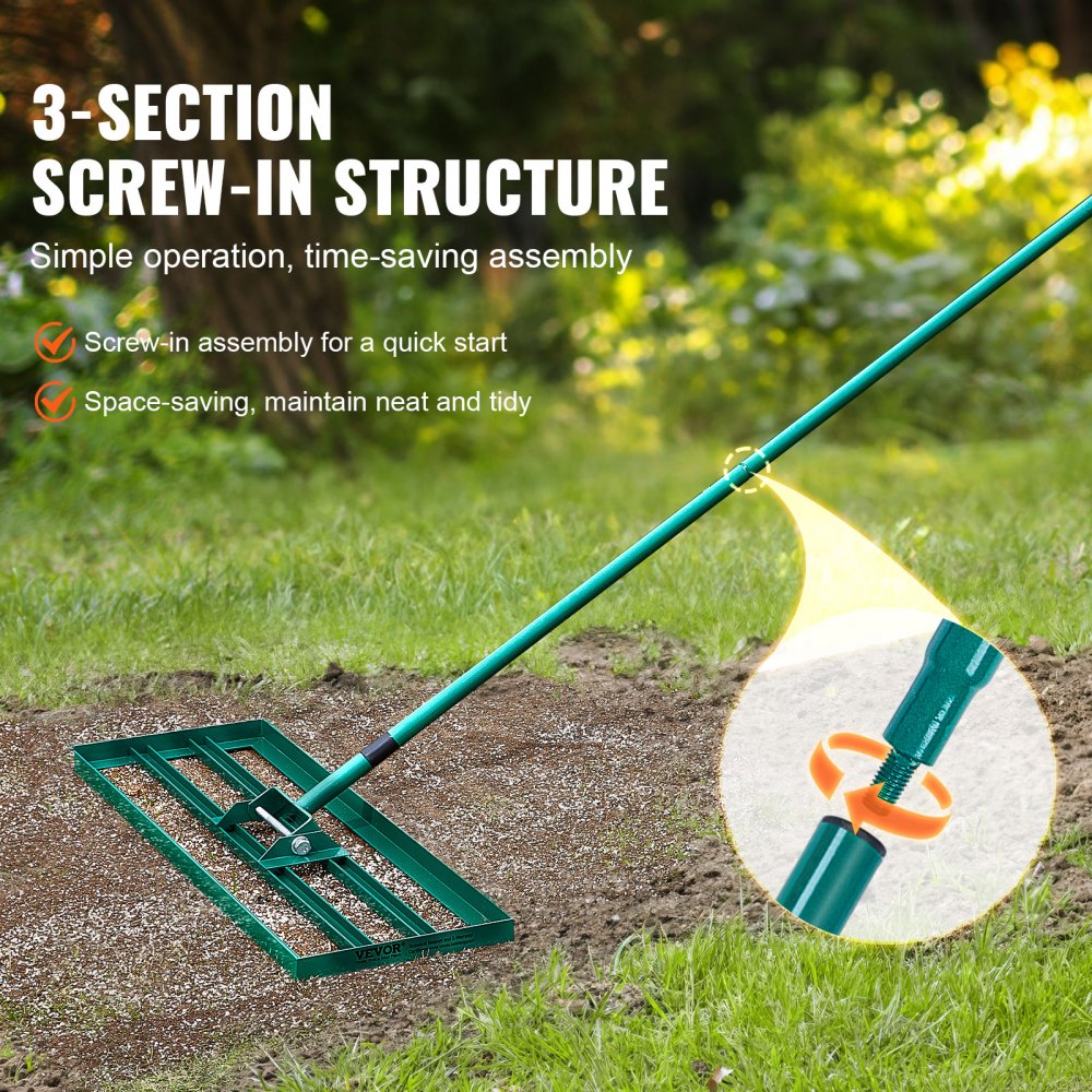 VEVOR lawn leveling rake with 3-section screw-in structure on a grassy lawn. simple assembly and space-saving design.