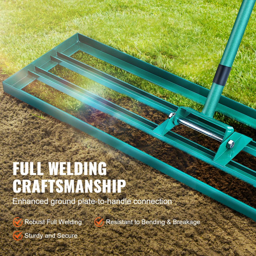 VEVOR lawn leveling rake with sturdy full welding craftsmanship lies on the grass and soil.