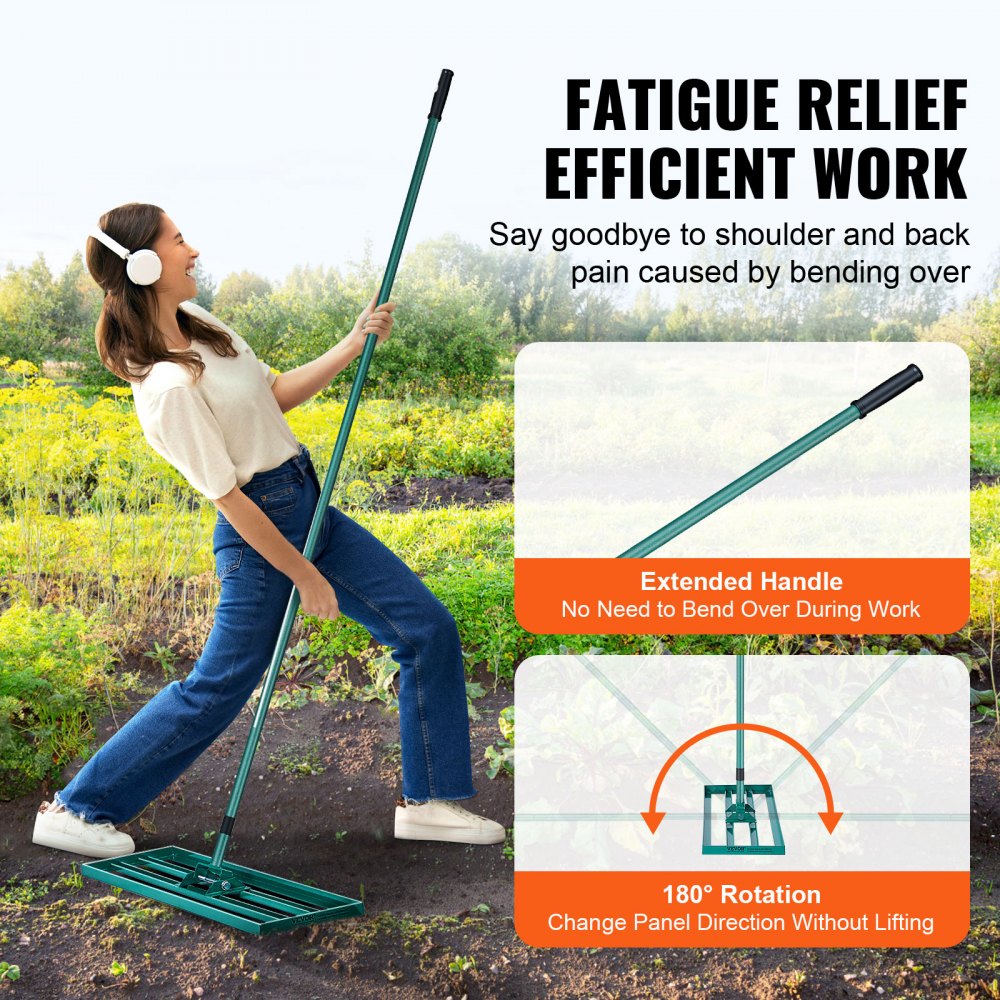 woman using VEVOR lawn leveling rake with extended handle and 180° rotation, reducing back strain.