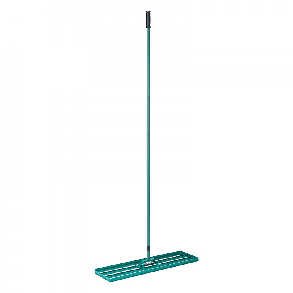 green VEVOR lawn leveling rake with long handle and rectangular base.