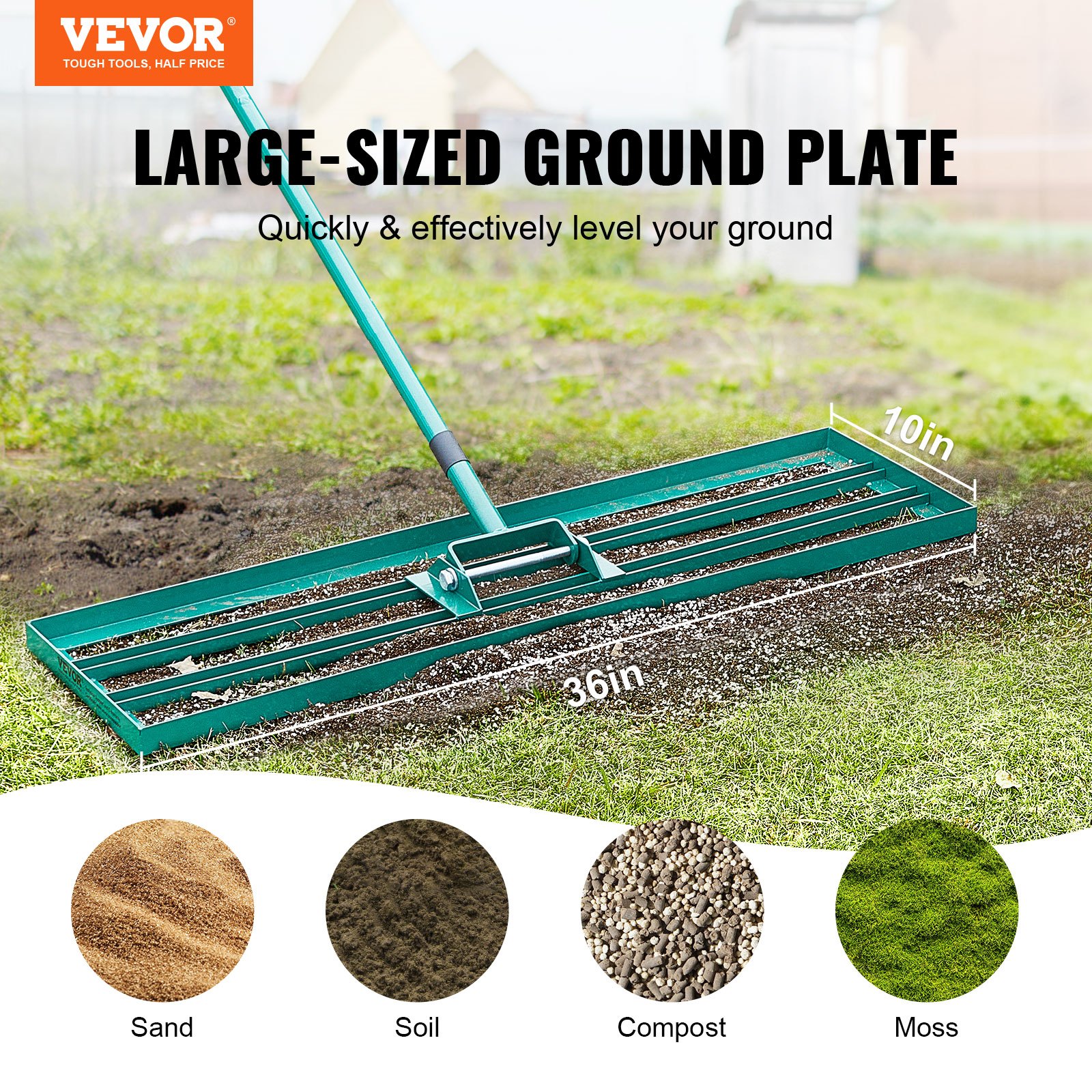 VEVOR lawn leveling rake, 36x10 inches, shown leveling soil, sand, compost, and moss.