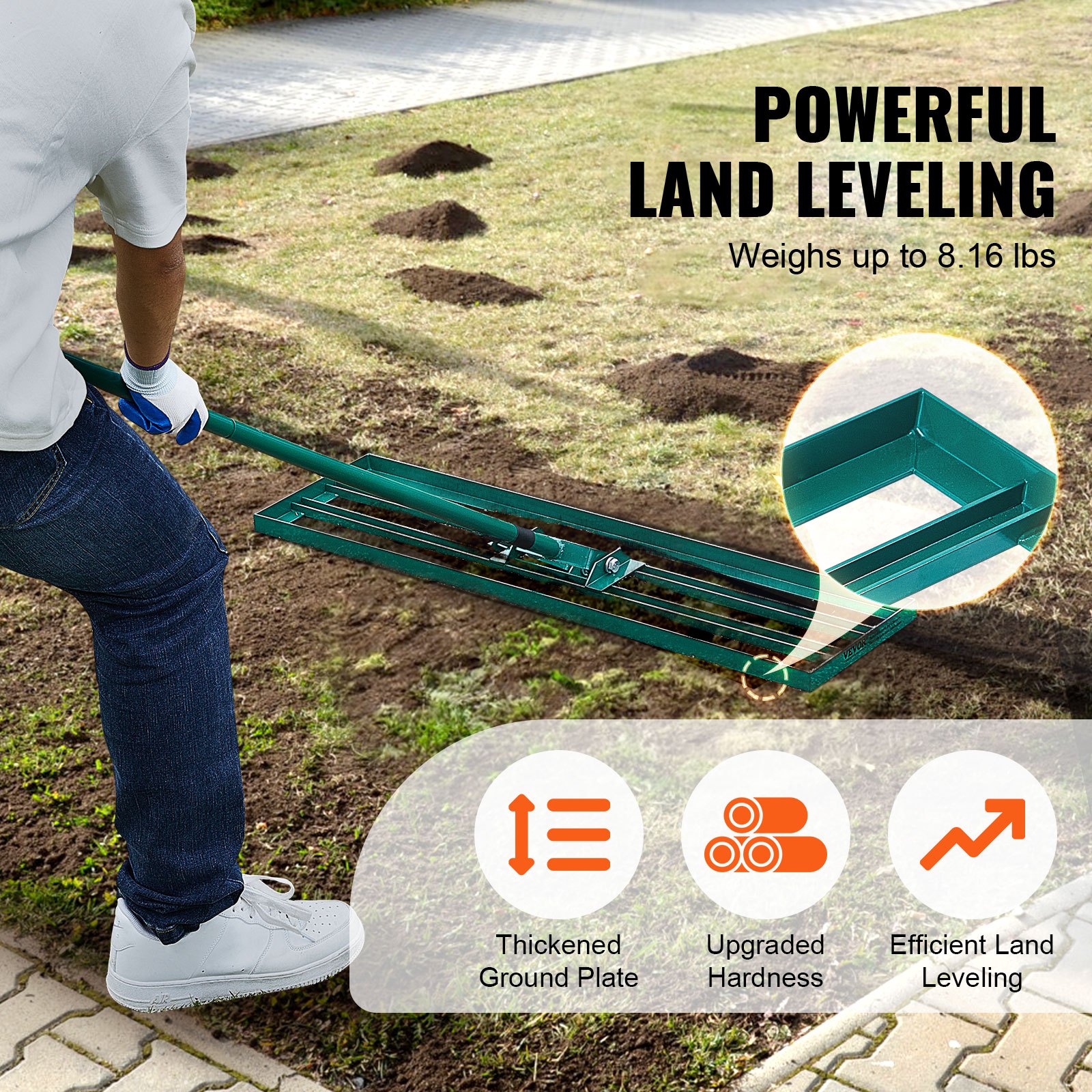 person using VEVOR lawn leveling rake on uneven ground, highlighting powerful land leveling features.