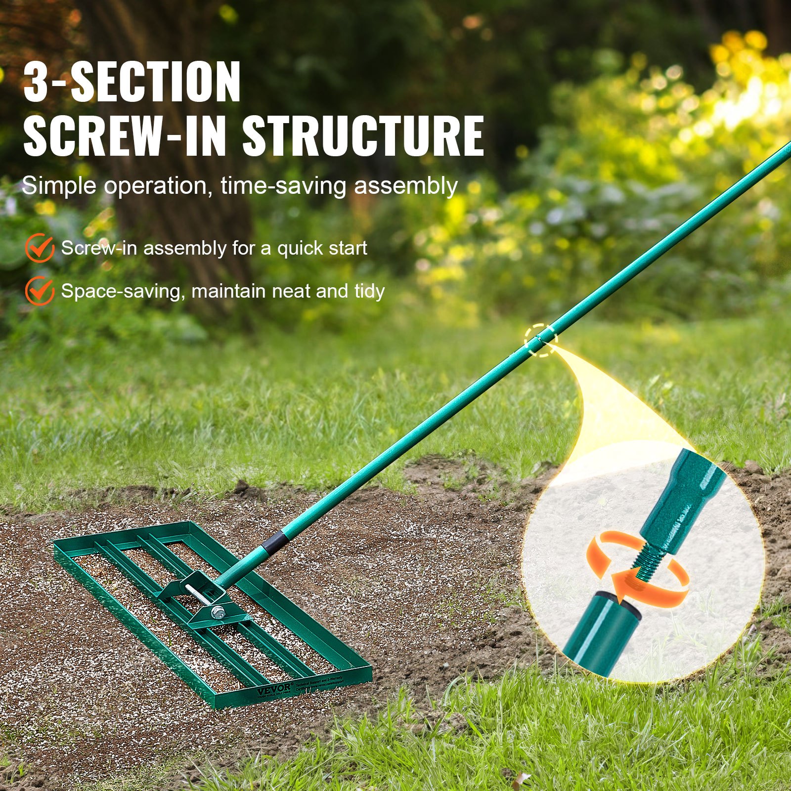 VEVOR lawn leveling rake with 3-section screw-in structure on a grassy lawn. simple assembly and space-saving design.