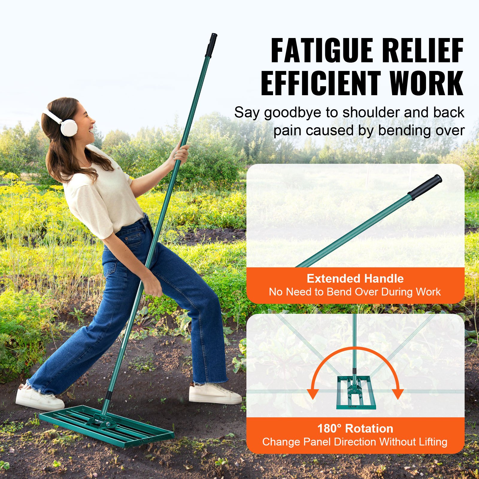 woman using VEVOR lawn leveling rake with extended handle and 180° rotation, reducing back strain.