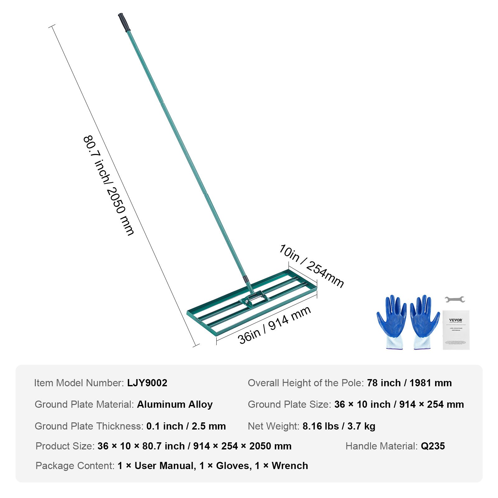 VEVOR lawn leveling rake with aluminum alloy ground plate, glove, wrench, and user manual included.