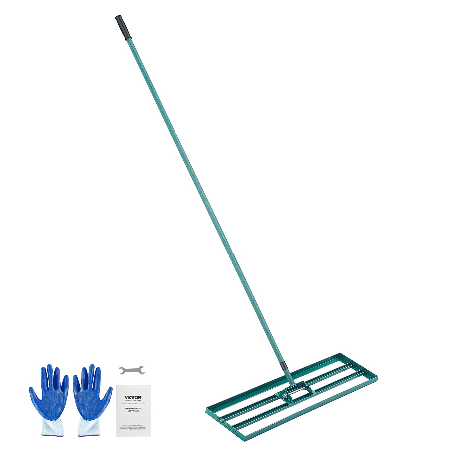 VEVOR lawn leveling rake with adjustable handle, blue gloves, wrench, and instruction manual.