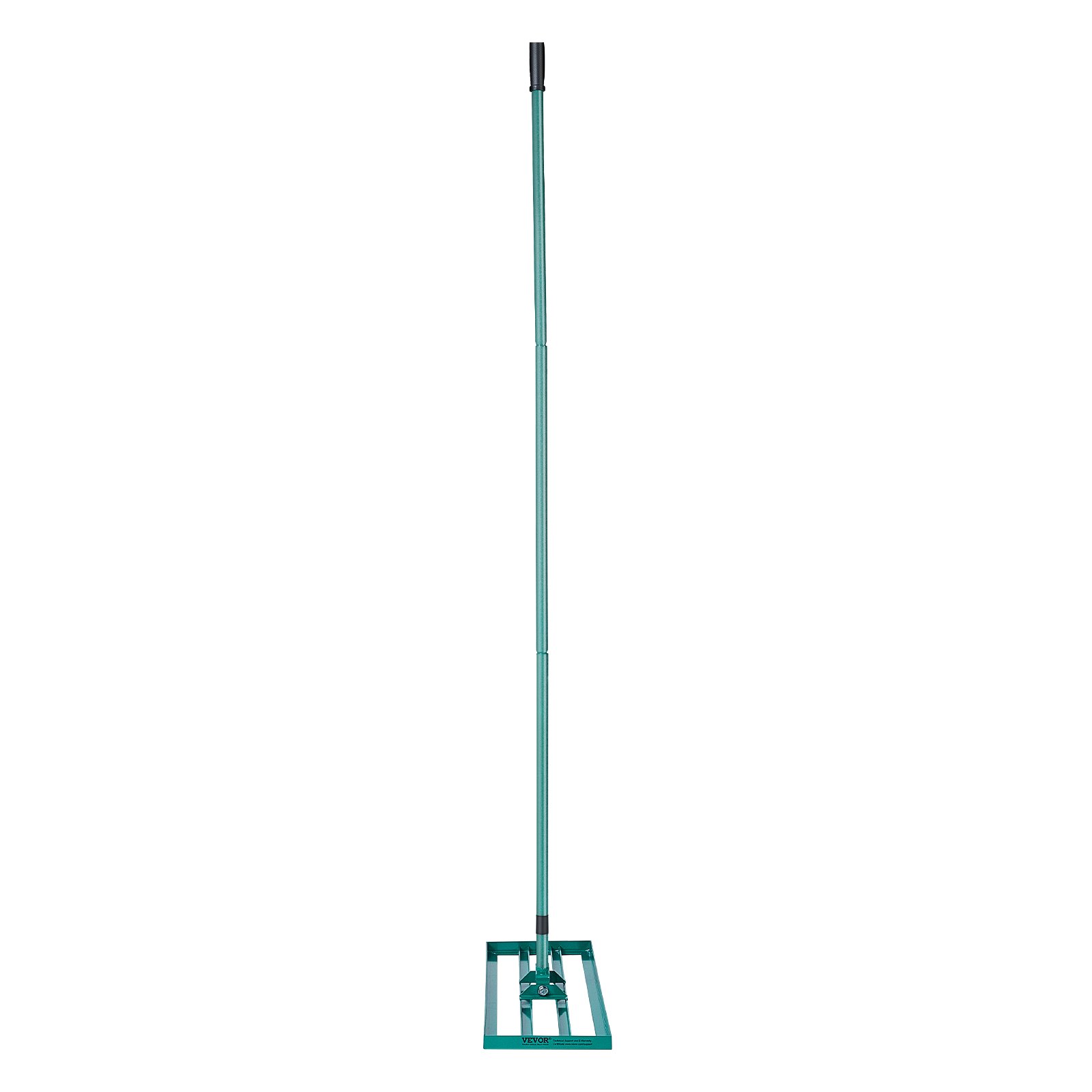 green VEVOR lawn leveling rake with long handle and rectangular base.