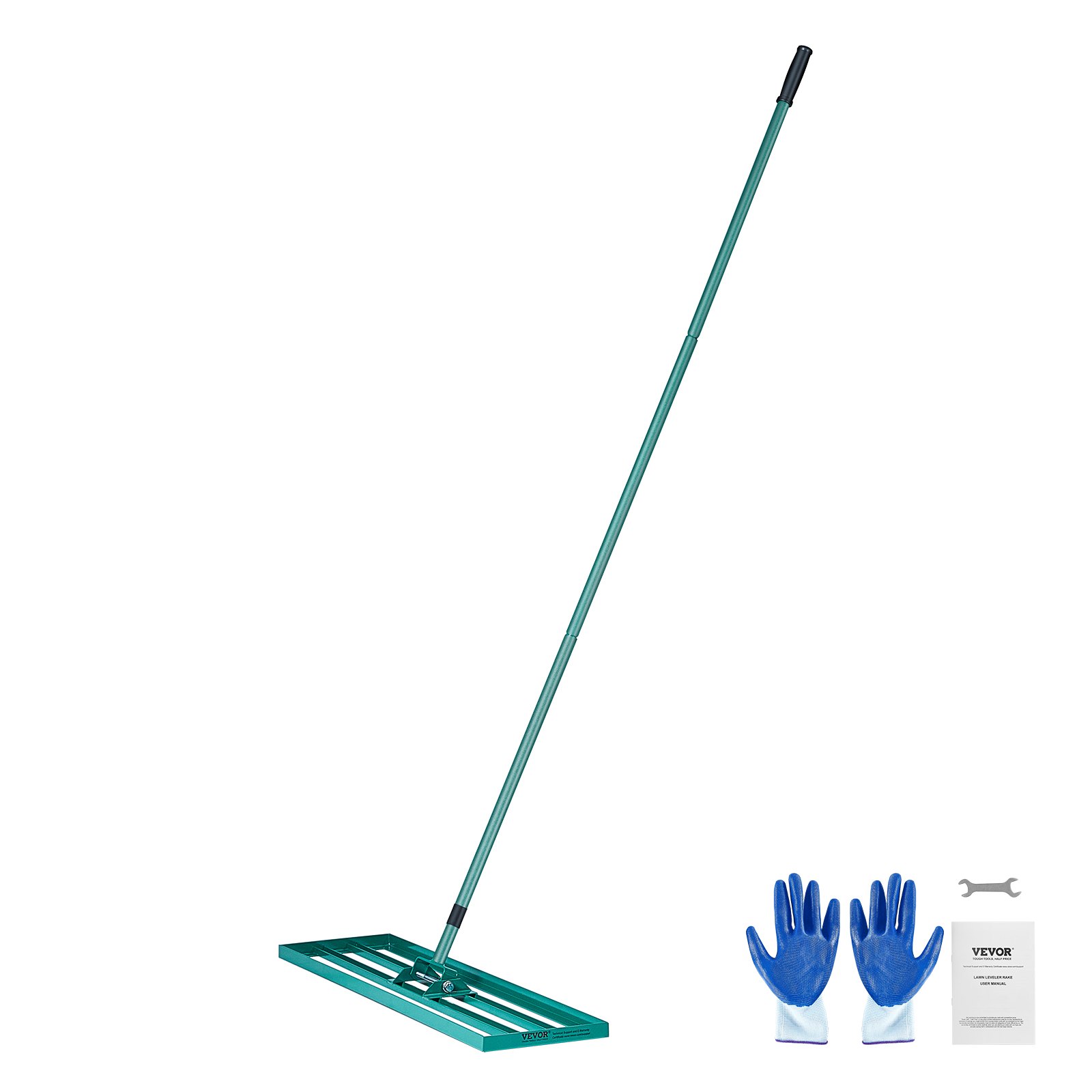 green VEVOR lawn leveling rake with blue gloves and instruction manual on a white background.