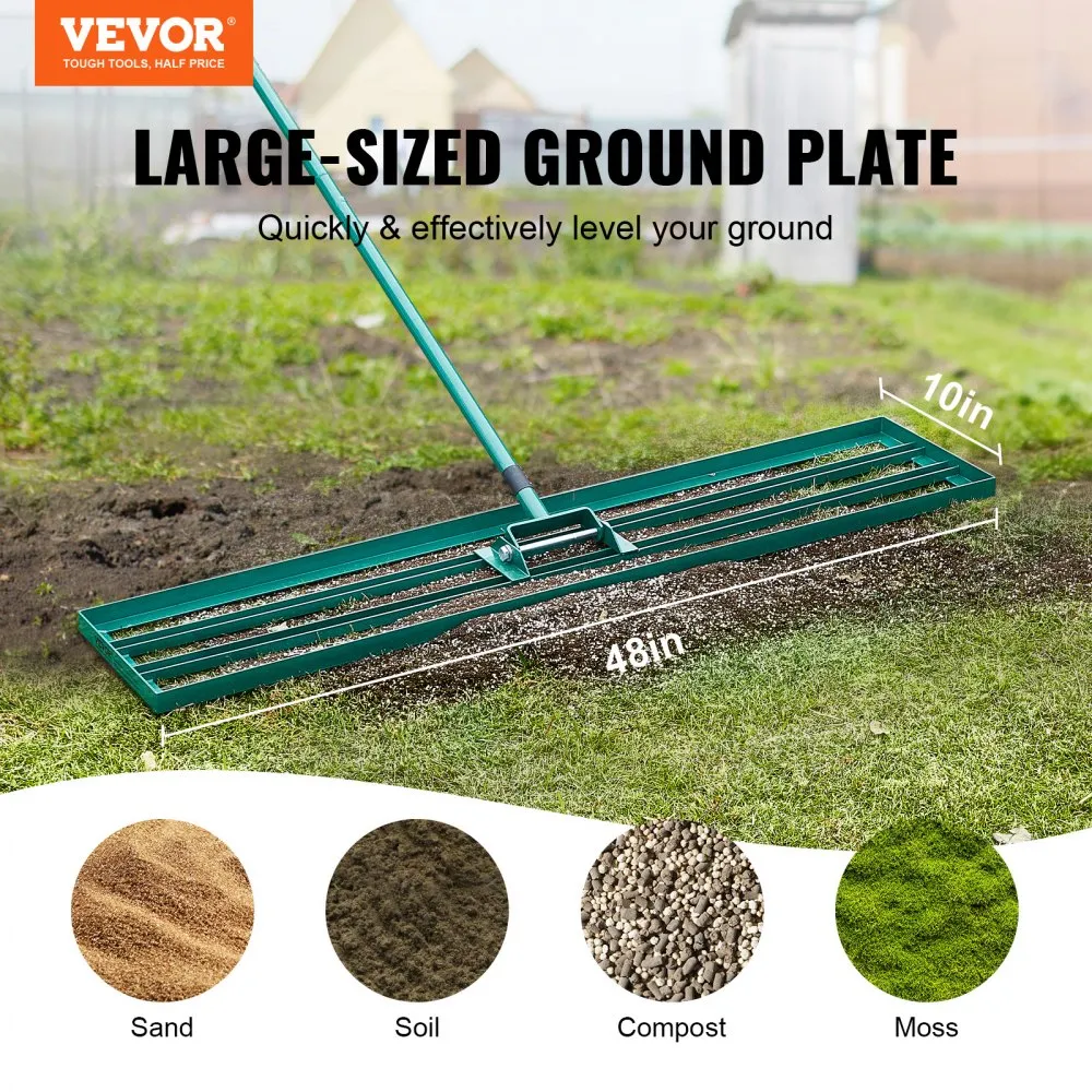 VEVOR Lawn Leveling Rake, 121.9 x 25.4 cm Level Lawn Tool, Heavy-duty Lawn Leveler with 198.1 cm Steel Extended Handle, Yard Leveling Rake Suit for Garden, Golf Lawn, Farm