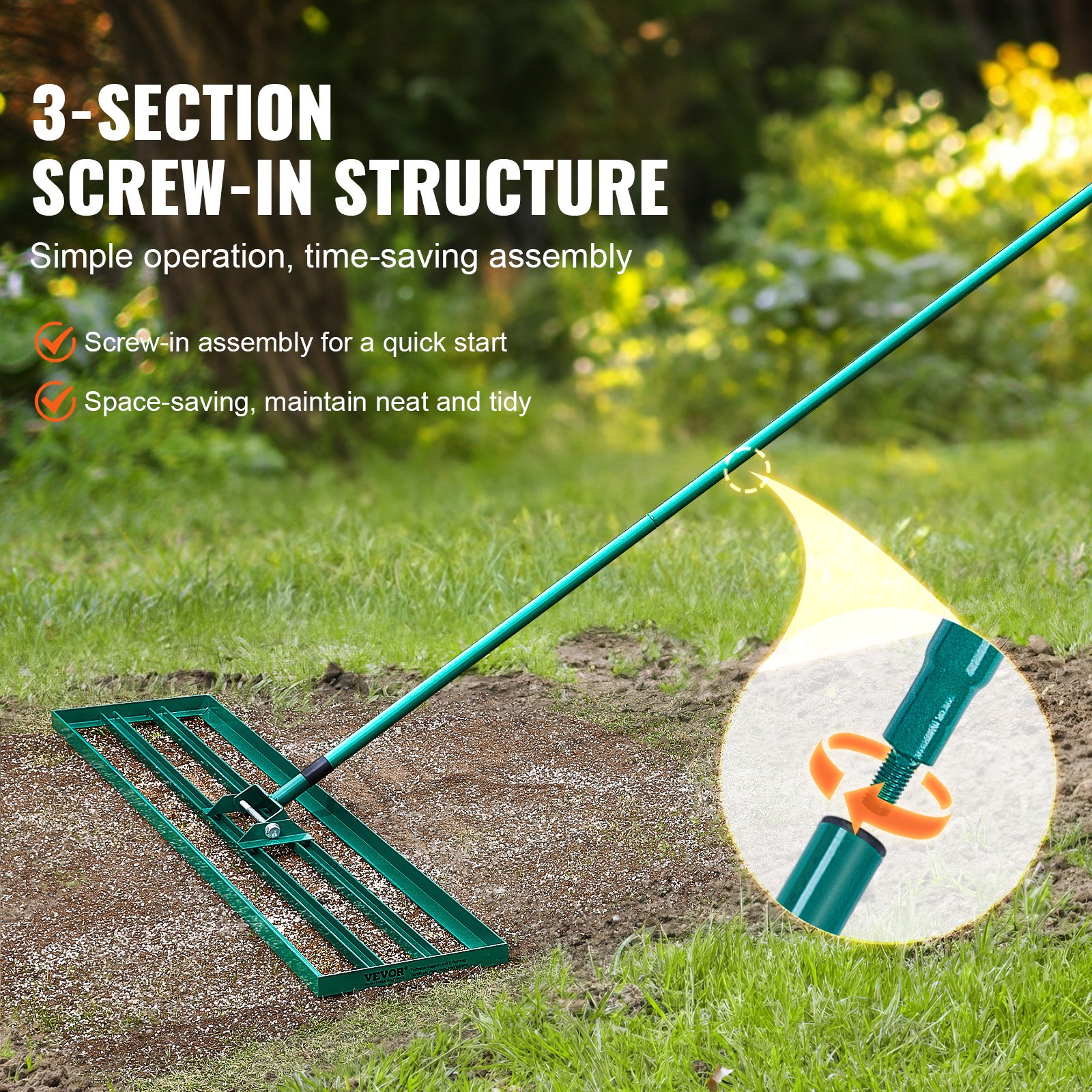 VEVOR Lawn Leveling Rake, 1219x254 mm Level Lawn Tool, Heavy-duty Lawn Leveler with 78" Steel Extended Handle, Yard Leveling Rake Suit for Garden, Golf Lawn, Farm