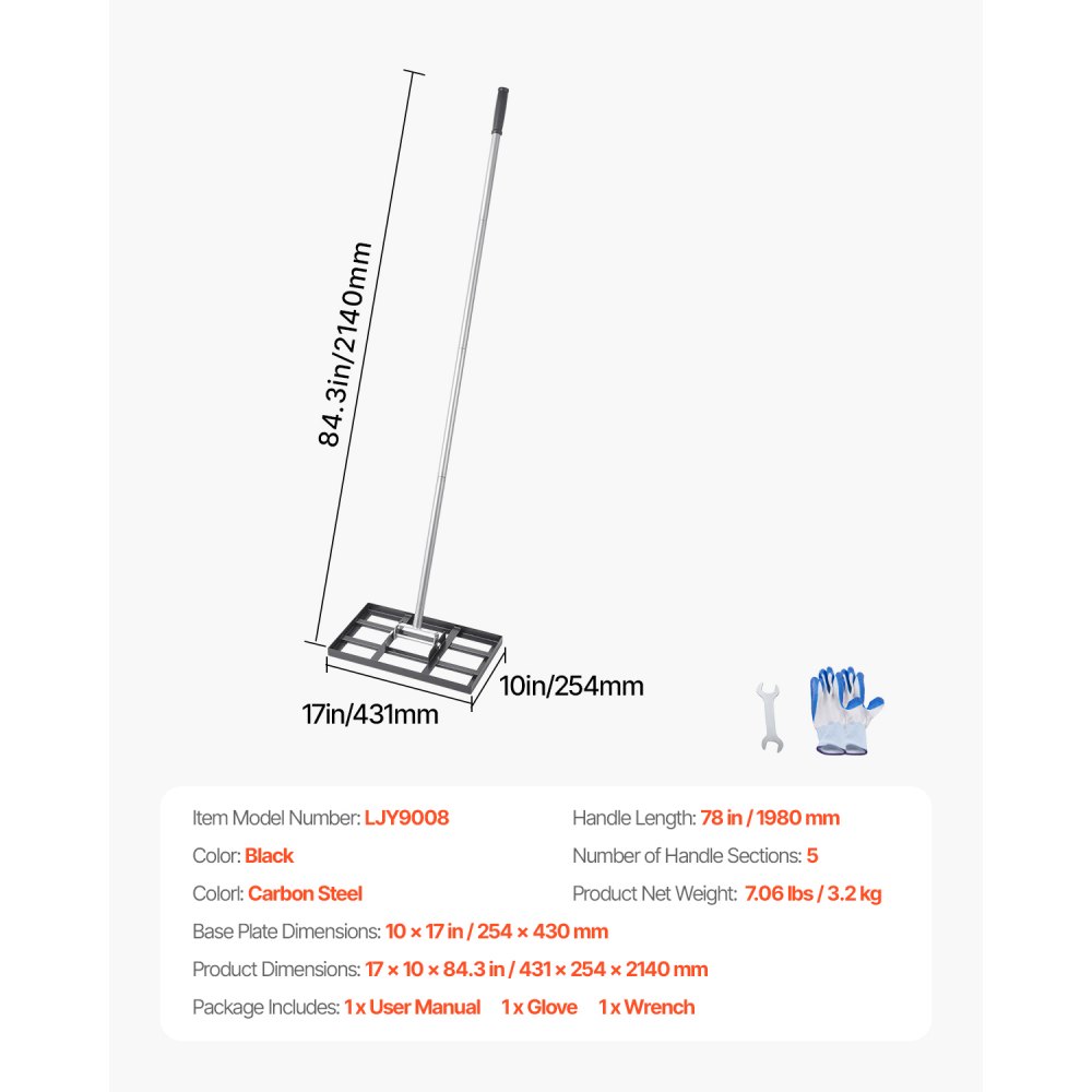 VEVOR Lawn Leveling Rake, Lawn Leveler with 78 in Handle, 17x10 in Ground Plate, Rust-Resistant Carbon Steel Soil Leveler, 5 Heights Adjustable, Effort Saving Lawn Leveling Tool for Yard Golf Court