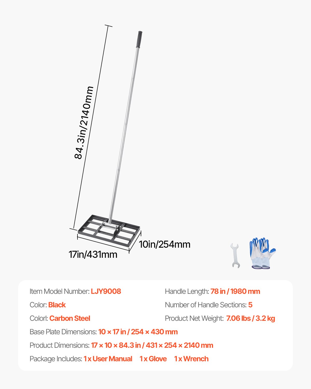 VEVOR Lawn Leveling Rake, Lawn Leveler with 78 in Handle, 17x10 in Ground Plate, Rust-Resistant Carbon Steel Soil Leveler, 5 Heights Adjustable, Effort Saving Lawn Leveling Tool for Yard Golf Court
