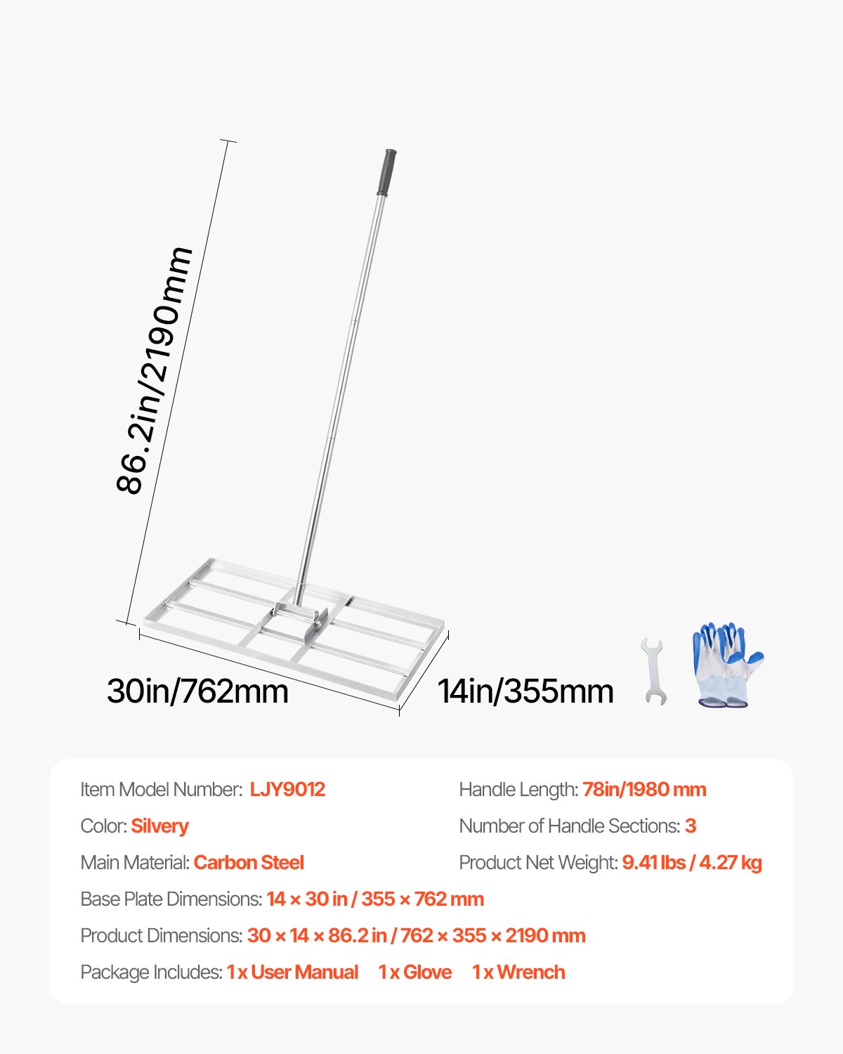 Nivelador de gramado VEVOR, nivelador de gramado com cabo de 83,9 pol., placa de aterramento de 48 x 10 pol., nivelador de solo de aço carbono resistente à ferrugem, 2 alturas ajustáveis, ferramenta de nivelamento de gramado que economiza esforço para quadras de golfe