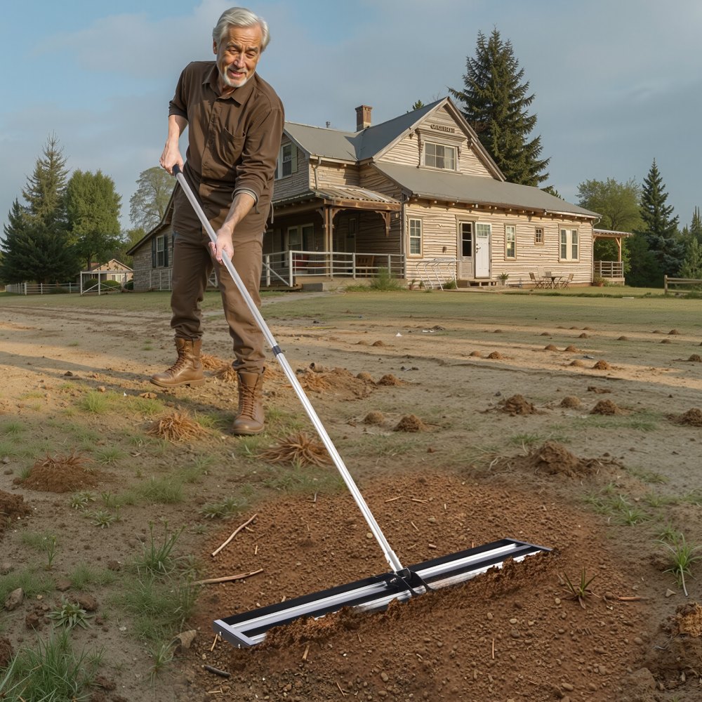 VEVOR Updated Lawn Leveling Rake with Roller, 48'' x 10" Stainless Steel Lawn Leveler with 83.9'' Adjustable Handle, Heavy Duty Yard Leveling Rake, Effort Saving Lawn Leveling Tool for Yard Golf Court