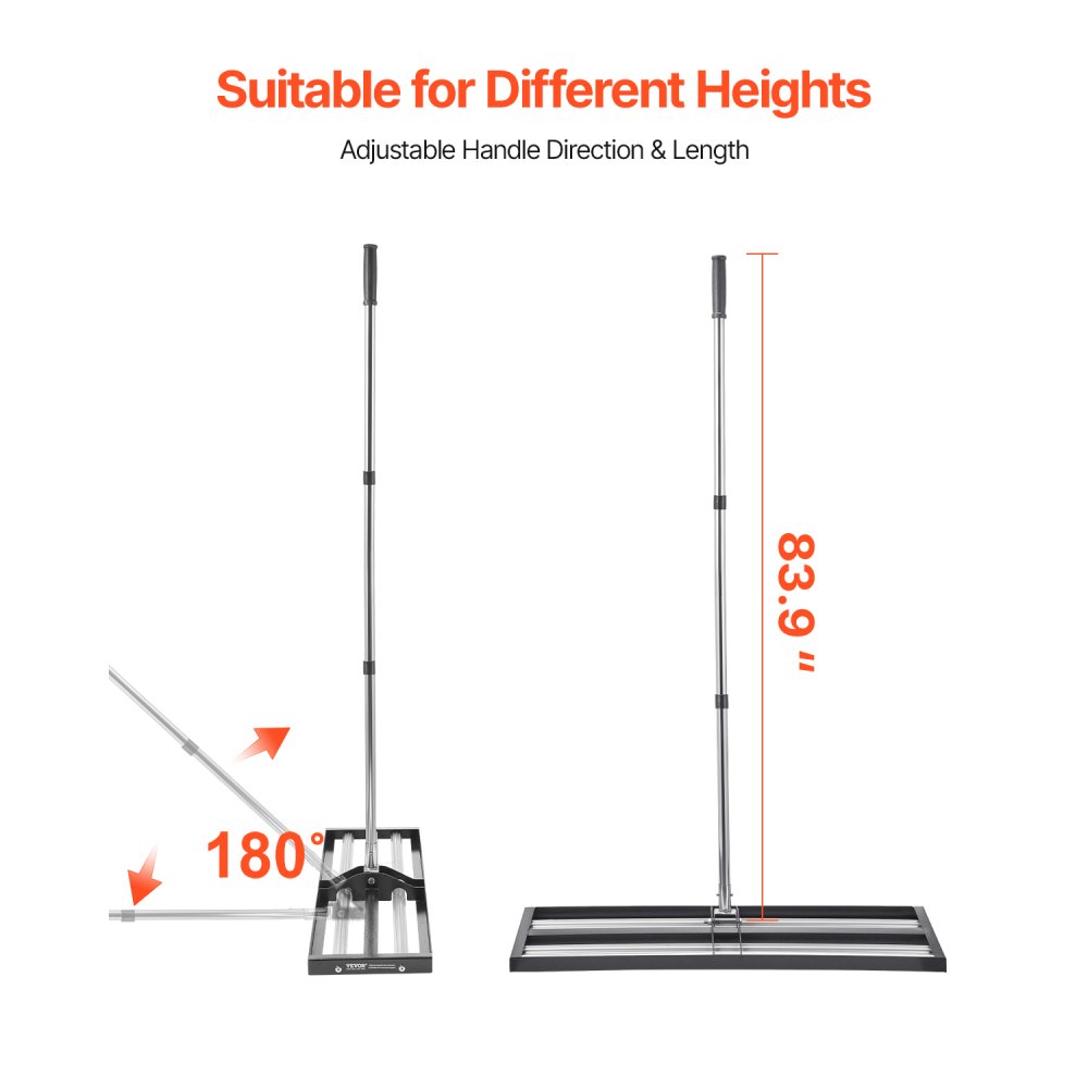 Rastrillo nivelador de césped VEVOR actualizado con rodillo, nivelador de césped de acero inoxidable de 91 x 25 cm con mango ajustable de 213 cm, rastrillo nivelador de jardín de alta resistencia, herramienta de nivelación de césped que ahorra esfuerzo para canchas de golf.